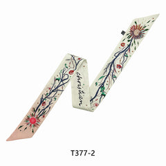 Vintage Flower Leaf Print Skinny Scarf Satin Neckerchief for Women