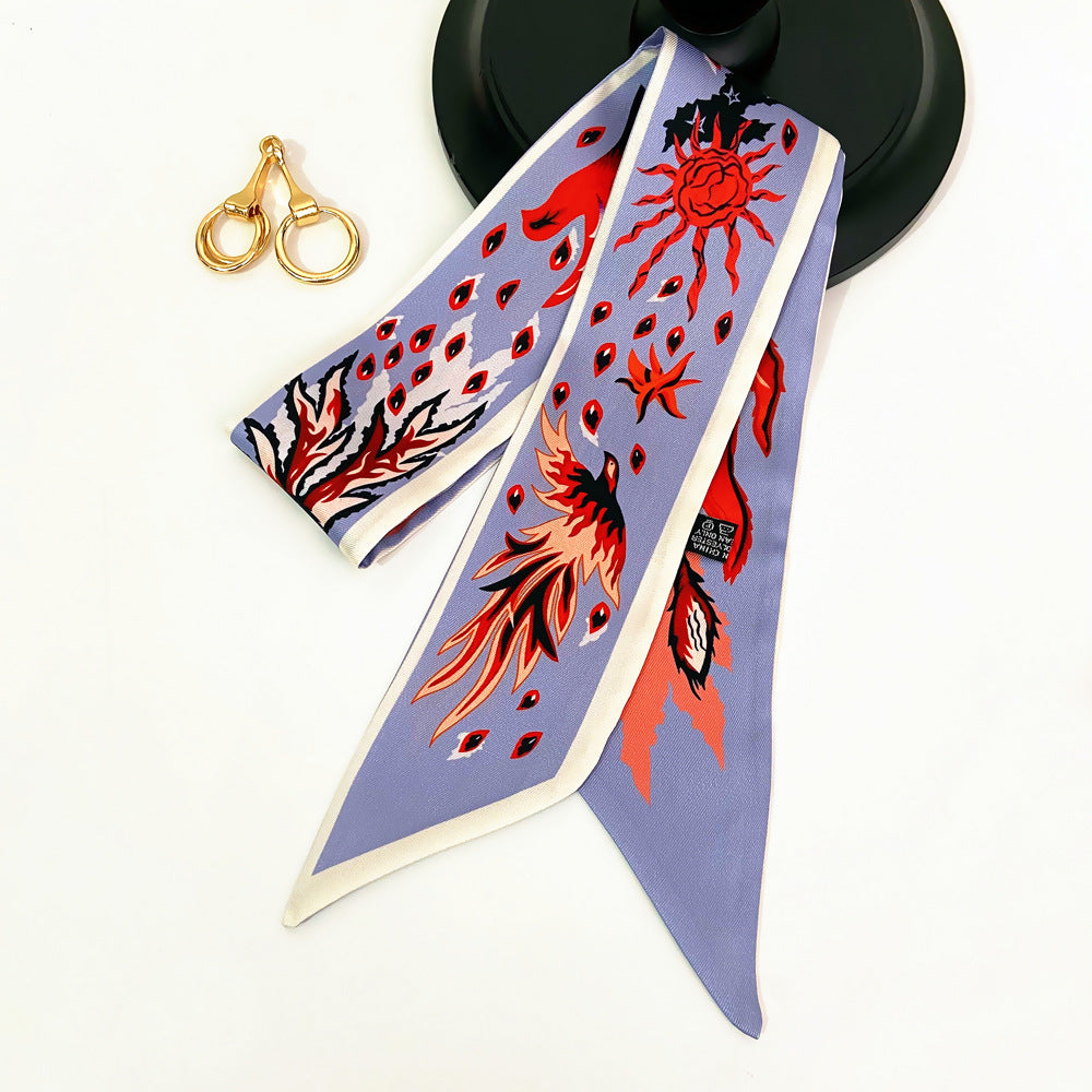 Tarot Phoenix Print Skinny Scarf Vintage Long Ribbon Neckerchief Satin