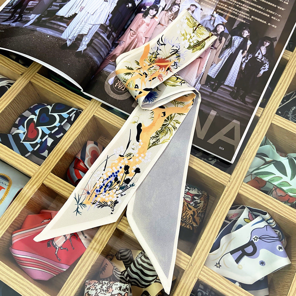 Tarot Phoenix Print Skinny Scarf Vintage Long Ribbon Neckerchief Satin