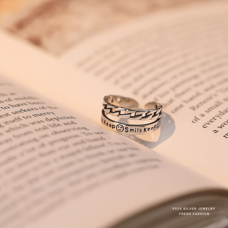 Sterling Silver Happy Face Double Layer Open Ring
