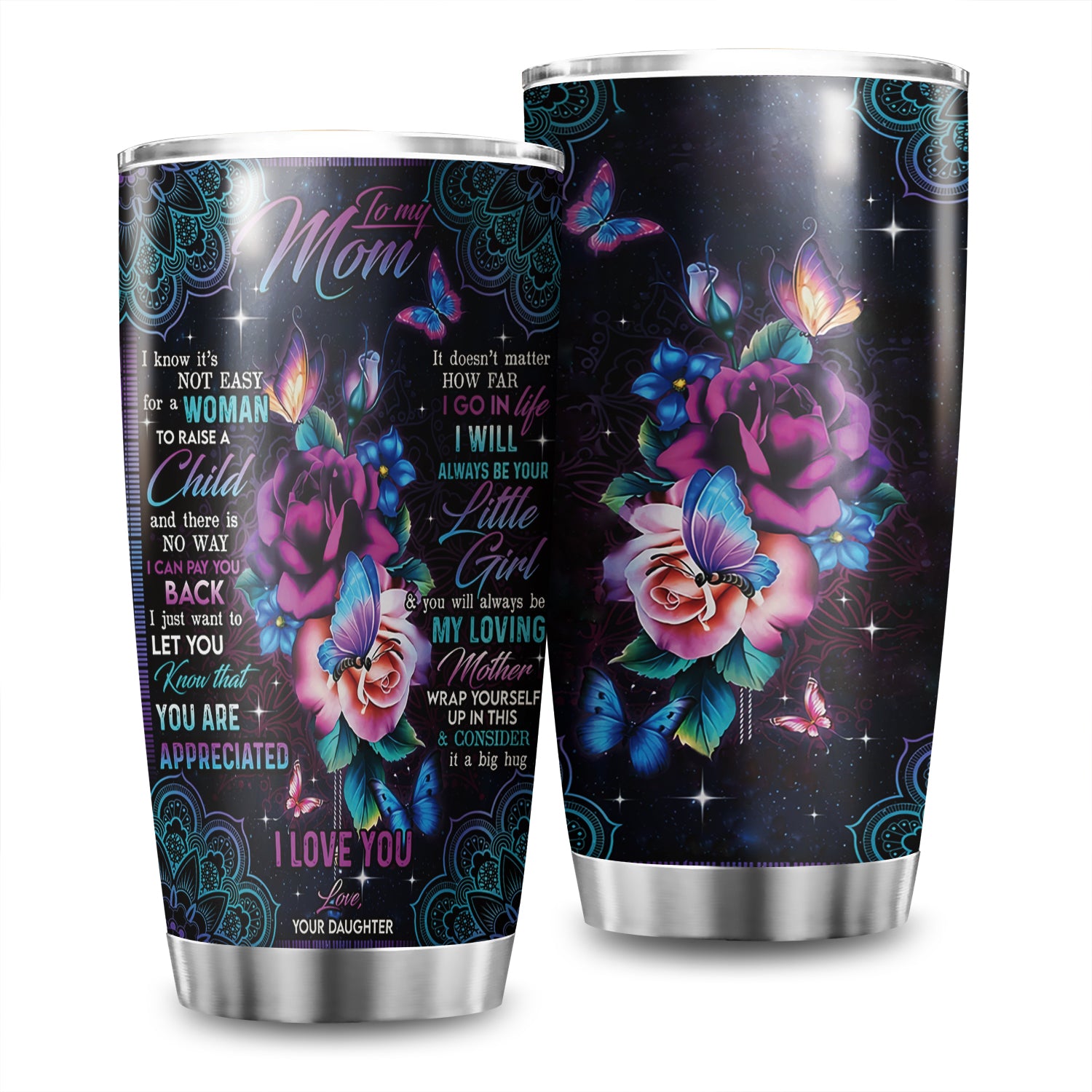 20oz Rose Butterfly Tumbler Purple Mom Stainless Steel Vacuum Insulated
