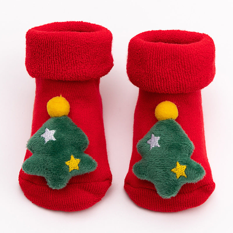 Baby Christmas Crew Socks, Cartoon Animal Design, Anti Skid, Cotton, Red