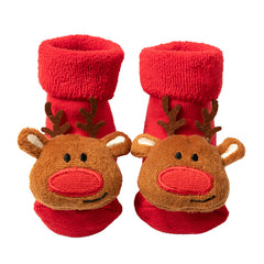 Baby Christmas Crew Socks, Cartoon Animal Design, Anti Skid, Cotton, Red