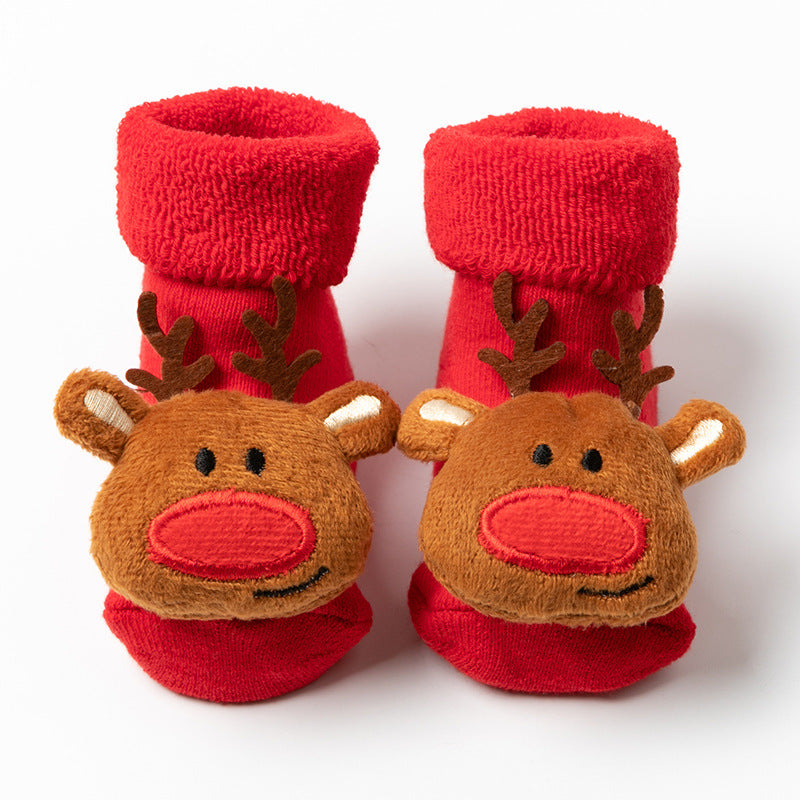 Baby Christmas Crew Socks, Cartoon Animal Design, Anti Skid, Cotton, Red