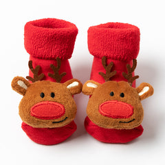 Baby Christmas Crew Socks, Cartoon Animal Design, Anti Skid, Cotton, Red