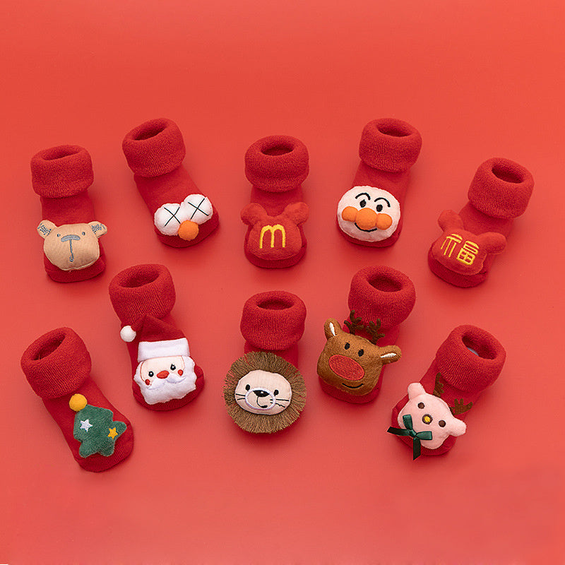 Baby Christmas Crew Socks, Cartoon Animal Design, Anti Skid, Cotton, Red