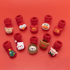 Baby Christmas Crew Socks, Cartoon Animal Design, Anti Skid, Cotton, Red