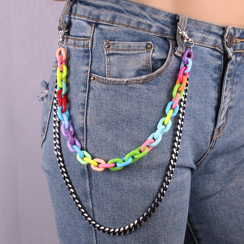 2 Layer Acrylic Candy Metal Chain Belt Punk Hook Hip hop Pants Chain Waist Belt