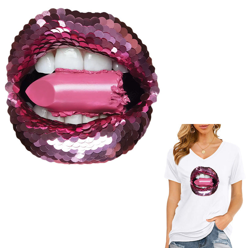 Sequin Lip Heat Transfer Stickers Iron On DIY Accessories
