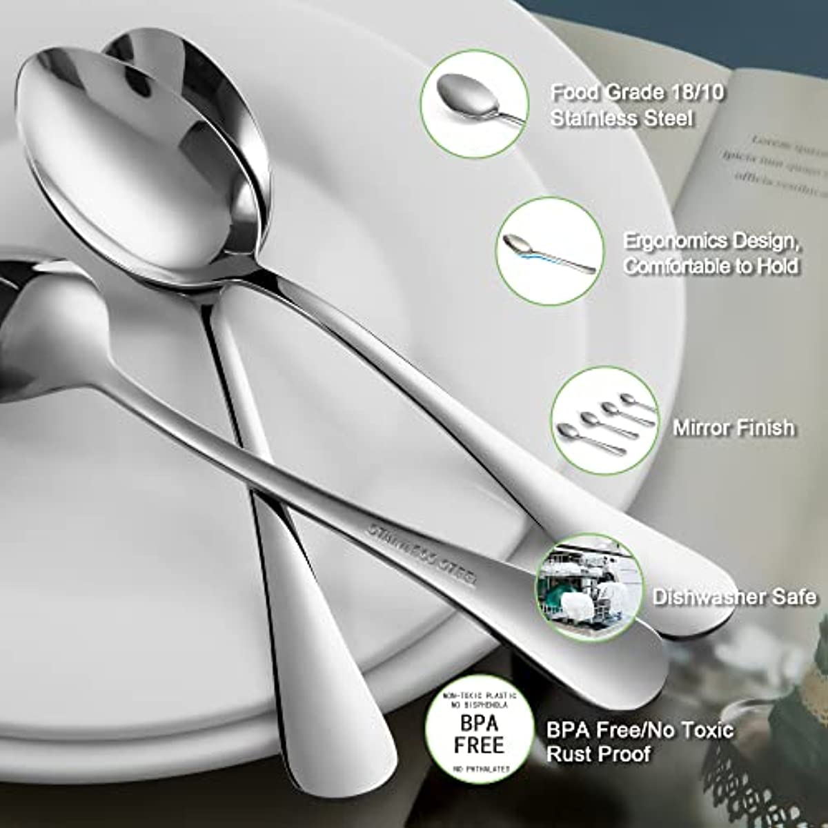 12pcs Stainless Steel Teaspoon Set - 7in Dessert Spoon, Mirror Polished