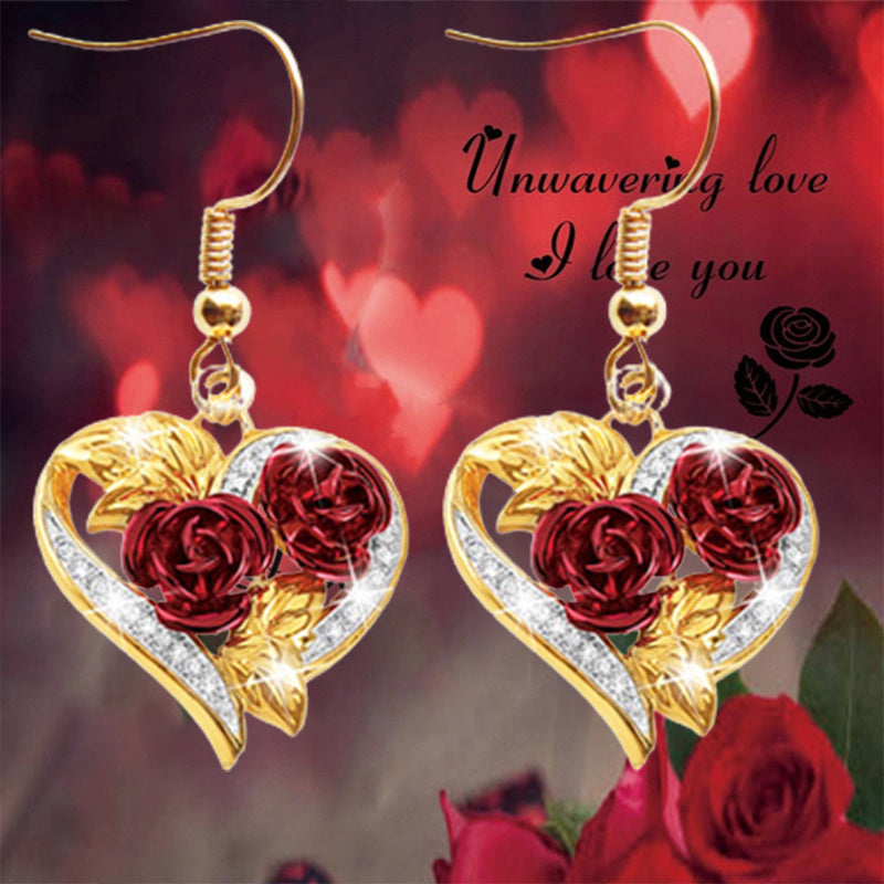 Golden Red Rose Heart Shape Drop Dangle Earrings For Women Girls