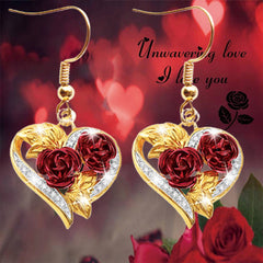 Golden Red Rose Heart Shape Drop Dangle Earrings For Women Girls