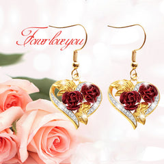 Golden Red Rose Heart Shape Drop Dangle Earrings For Women Girls