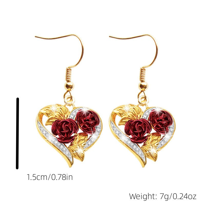 Golden Red Rose Heart Shape Drop Dangle Earrings For Women Girls