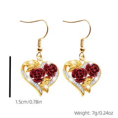 Golden Red Rose Heart Shape Drop Dangle Earrings For Women Girls