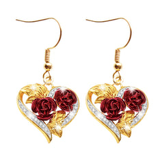 Golden Red Rose Heart Shape Drop Dangle Earrings For Women Girls