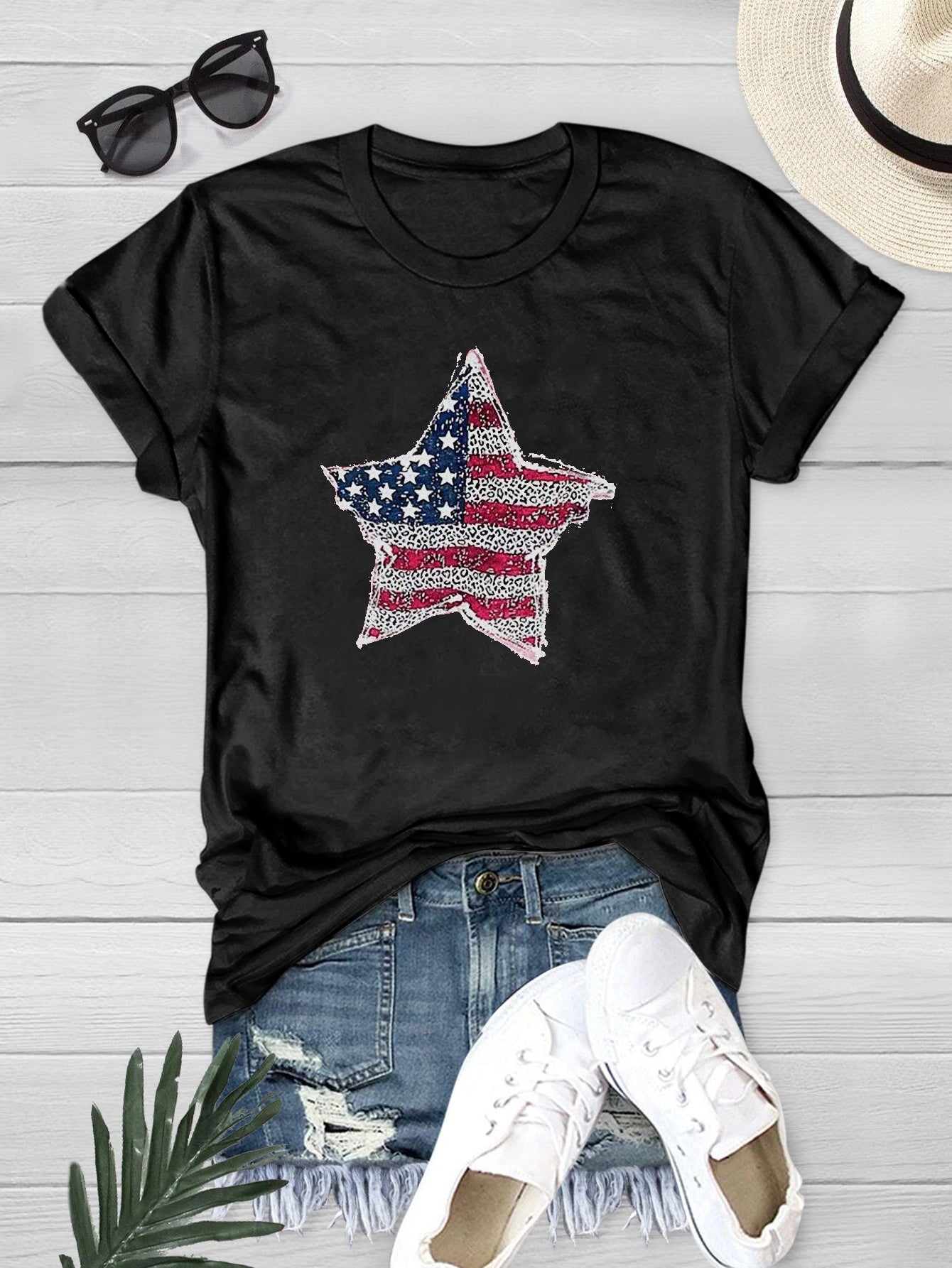 Summer American Flag Graphic Tee For Women Crew Neck Short Sleeves Casual Tops