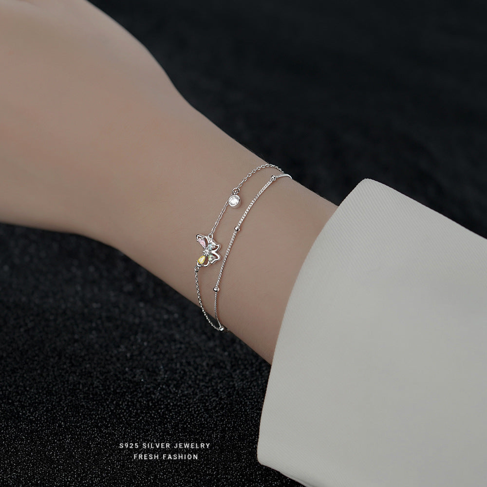 Colorful Zircon Butterfly Double Layer Bracelet - 925 Sterling Silver