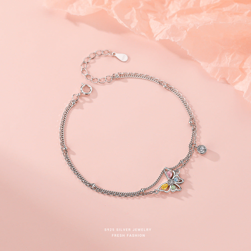 Colorful Zircon Butterfly Double Layer Bracelet - 925 Sterling Silver