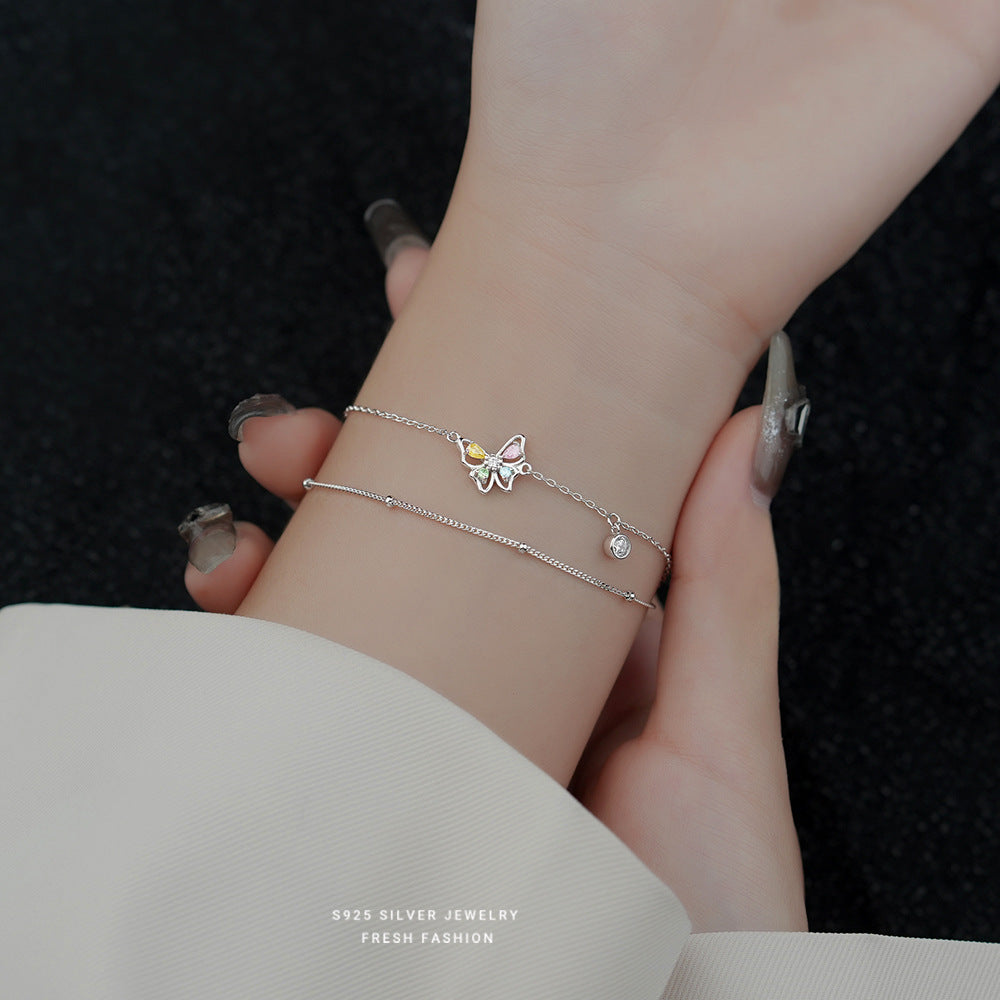 Colorful Zircon Butterfly Double Layer Bracelet - 925 Sterling Silver