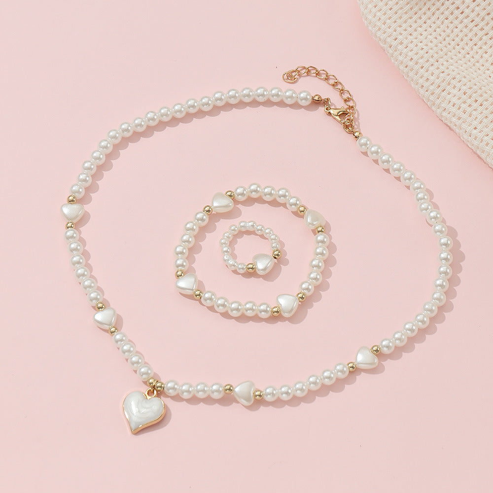 3pcs Sweet Heart Faux Pearl Jewelry Set for Girls