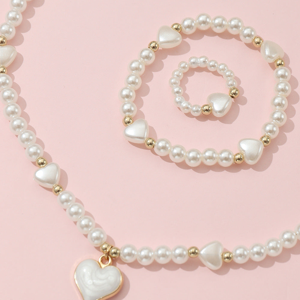 3pcs Sweet Heart Faux Pearl Jewelry Set for Girls