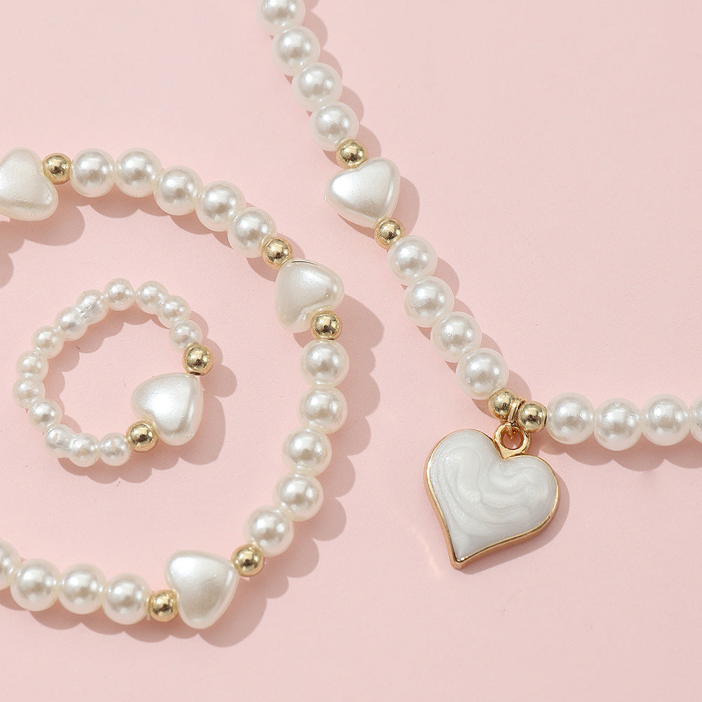 3pcs Sweet Heart Faux Pearl Jewelry Set for Girls
