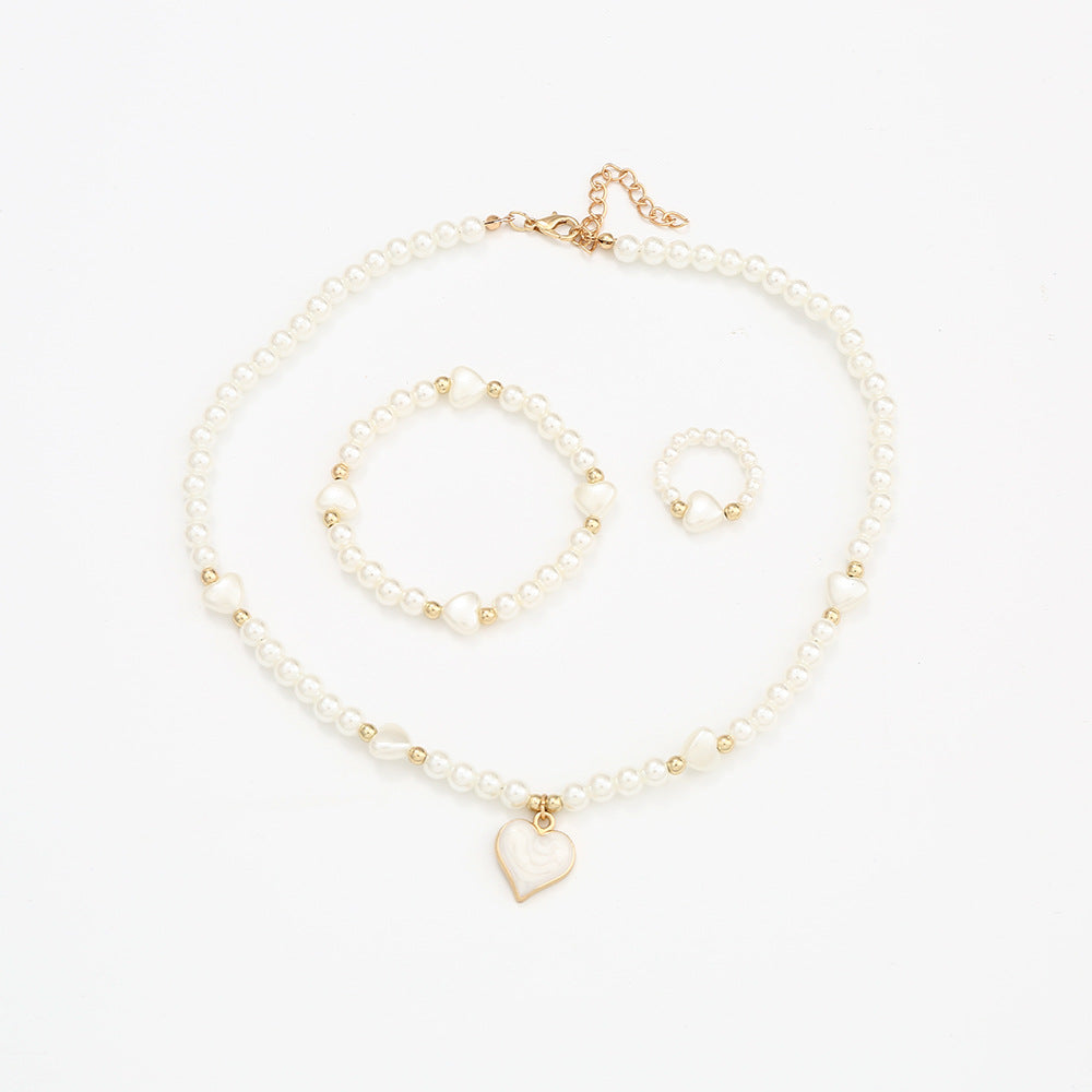 3pcs Sweet Heart Faux Pearl Jewelry Set for Girls