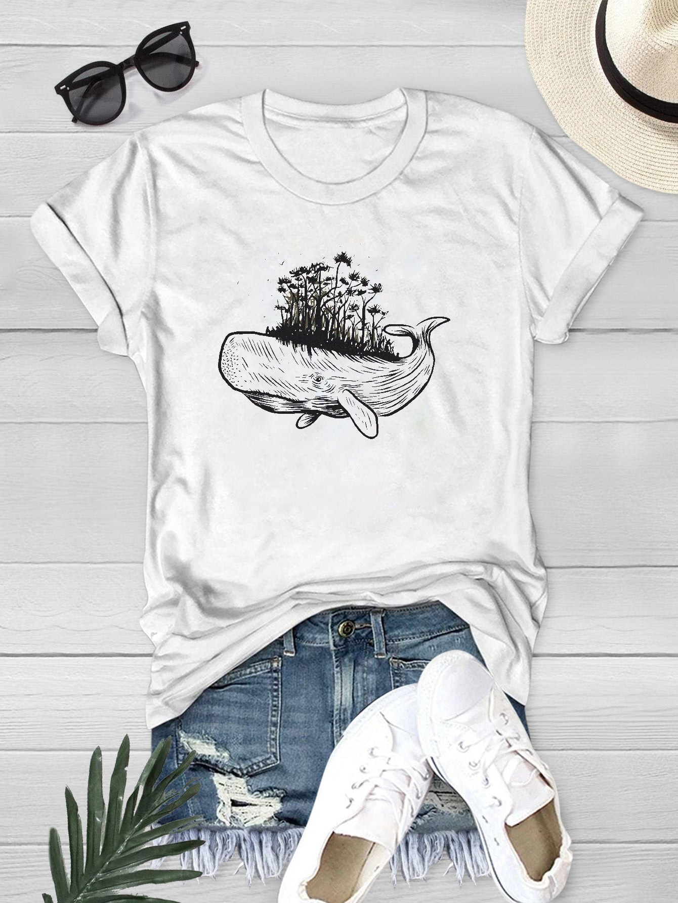 Summer Whale Graphic Tee Women's Casual Crew Neck Short Sleeve Tops