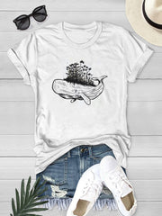 Summer Whale Graphic Tee Women's Casual Crew Neck Short Sleeve Tops