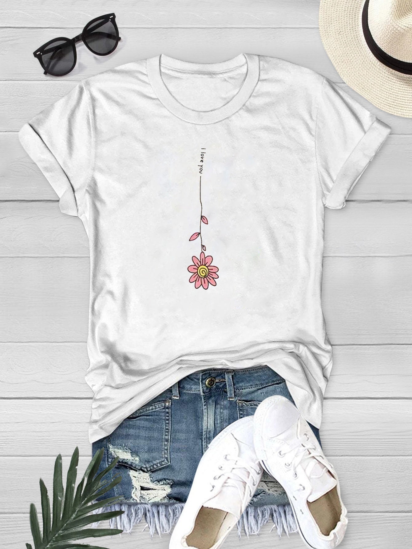 Summer Flower Graphic Tee For Women Casual Versatile Crew Neck Short Sleeves