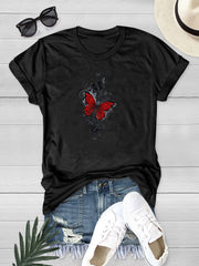 Butterfly Print T-shirt Women's Short Sleeve Summer Top