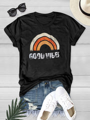 Women's Rainbow Letter T shirts Crew Neck Short Sleeve Loose Summer Sports Top