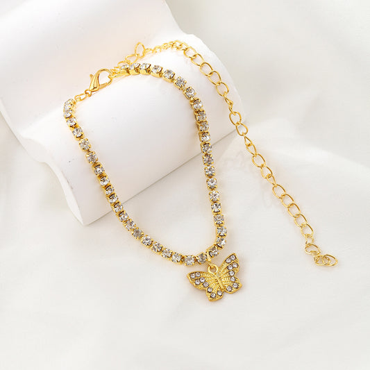 Butterfly Pendant Chain Anklet Inlaid Faux Gems Summer Beach Foot Decoration