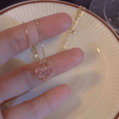 Pink Faux Crystal Heart Charm Necklace for Women Girls