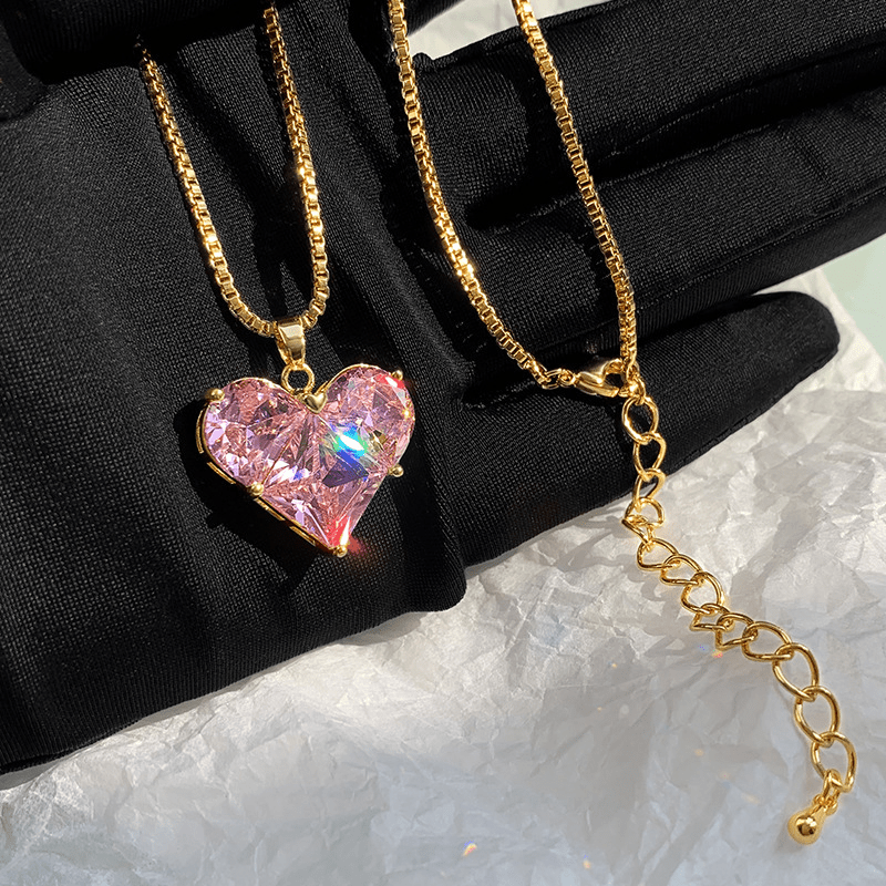 Pink Faux Crystal Heart Charm Necklace for Women Girls
