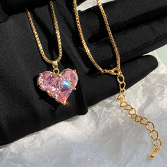 Pink Faux Crystal Heart Charm Necklace for Women Girls