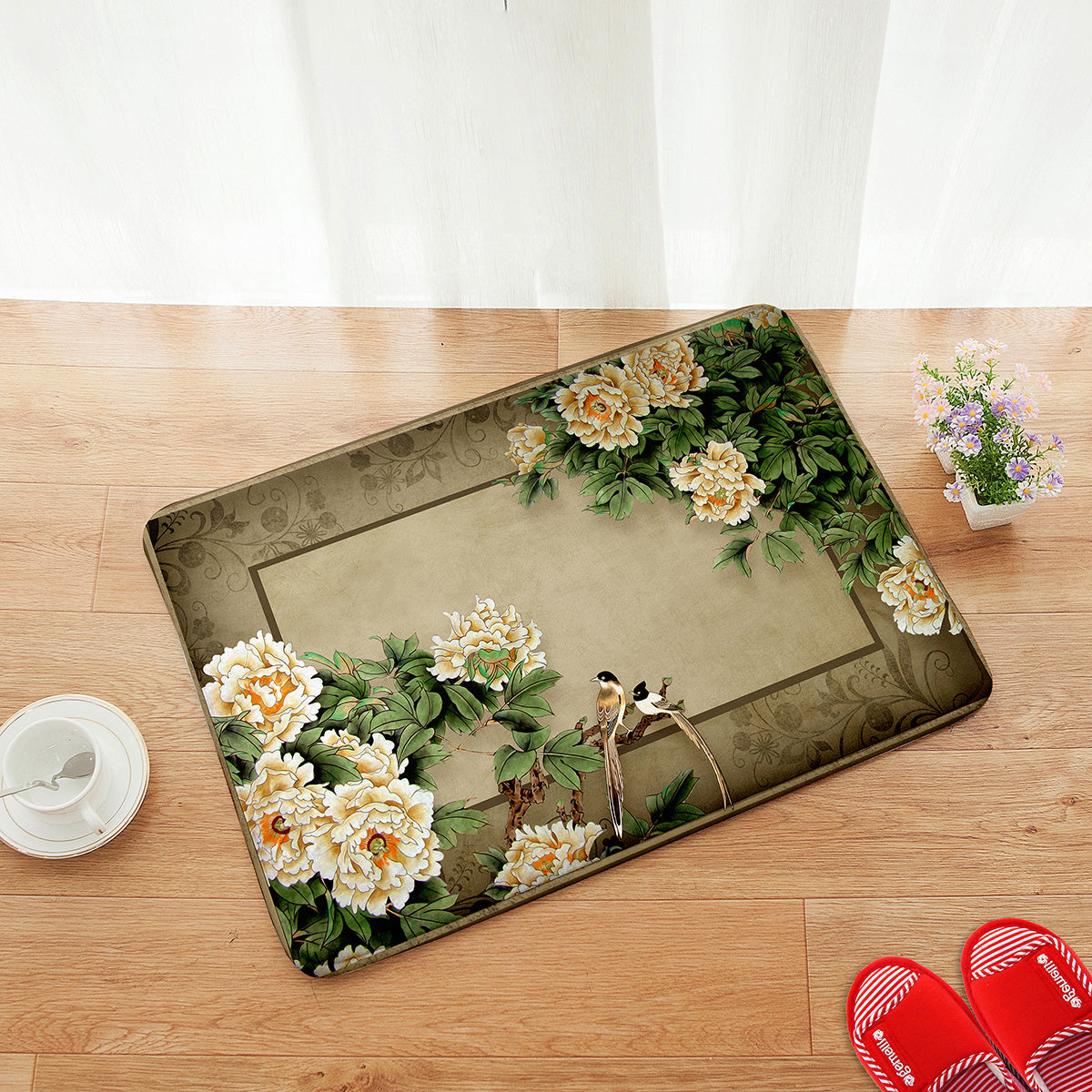 Flower Print Mat Wooden Background Home Decor