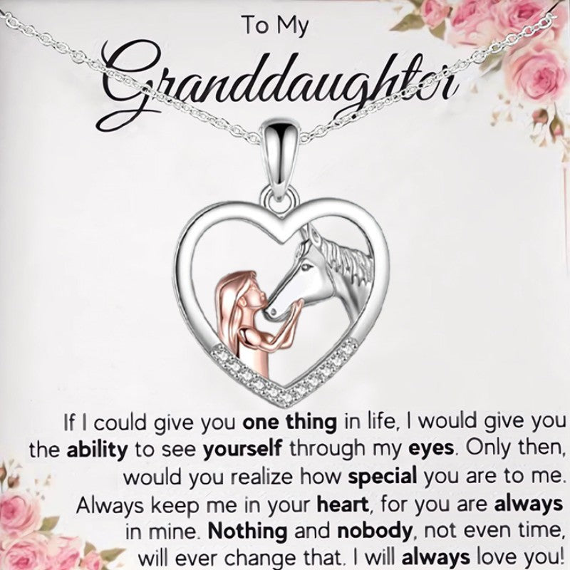 Girl's To My Granddaughter Girl And Horse Heart Pendant Necklace Card Jewelry