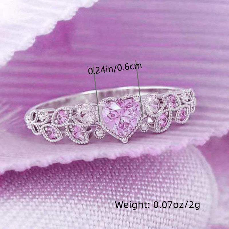 Silver Plated Heart Zircon Ring with Shining Leaves