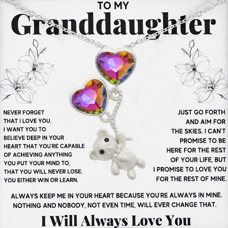 Granddaughter Message Necklace with Cartoon Bear Pendant & Card