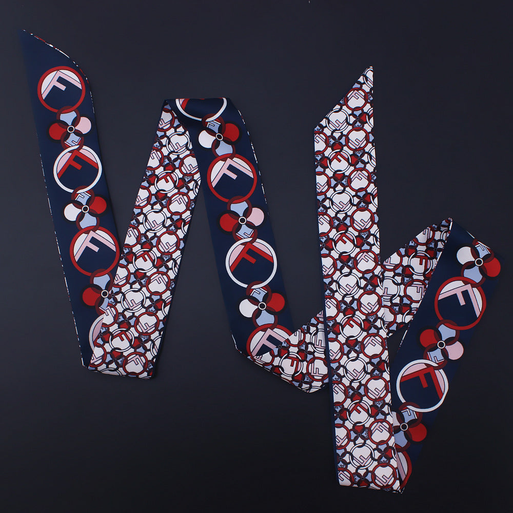Geometric Print Skinny Scarf Long Ribbon Neckerchief Satin