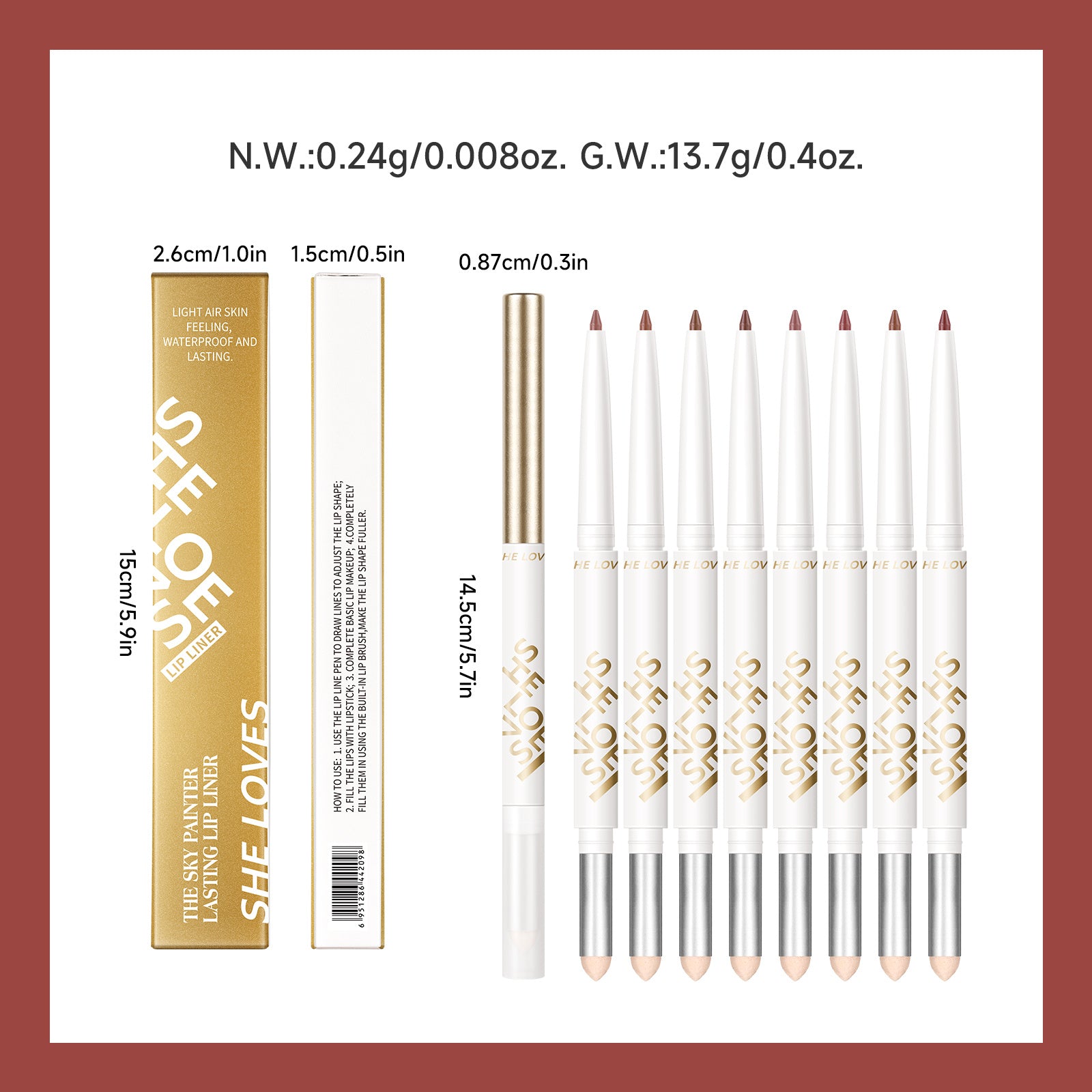 Double Headed Lip Liner Pencil with 8 Colors Lipstick