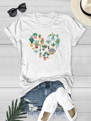 Heart Plants Printed Crew Neck T-shirt for Women