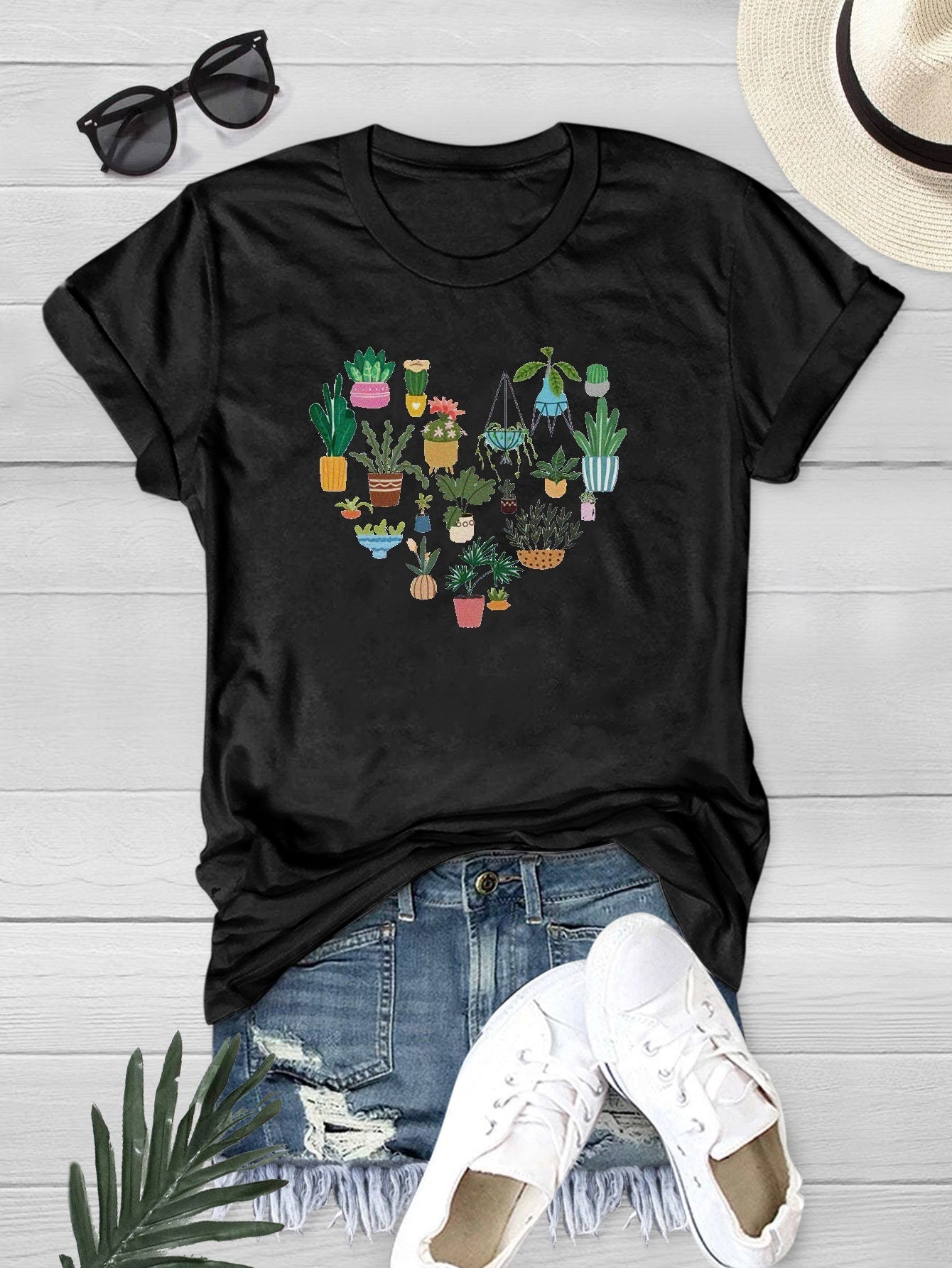 Heart Plants Printed Crew Neck T-shirt for Women