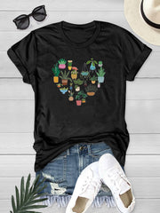 Heart Plants Printed Crew Neck T-shirt for Women