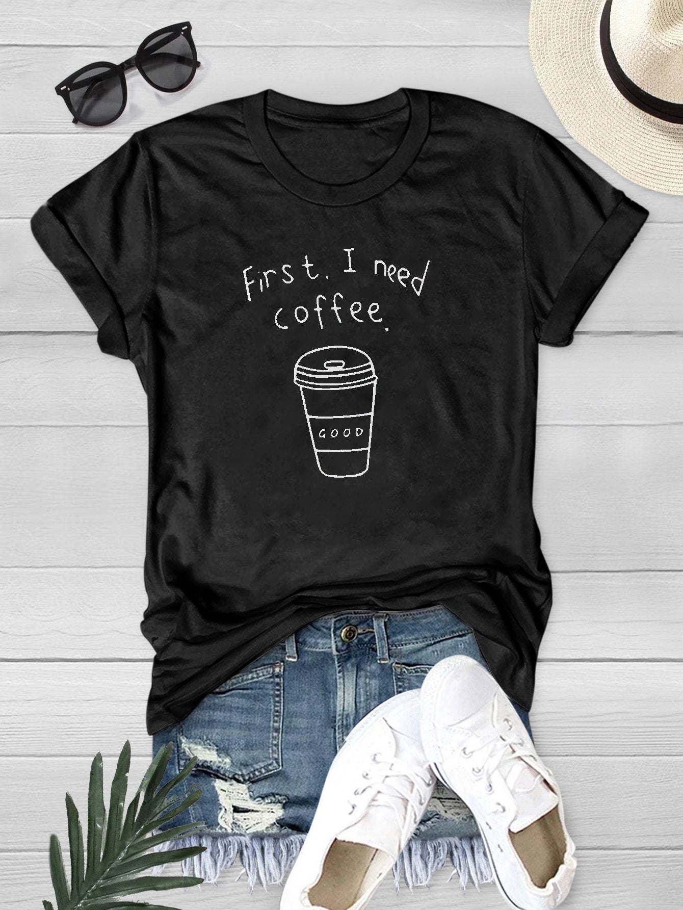 Letter And Coffee Cup Graphic T-shirt Short Sleeve Summer Tee