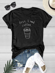 Letter And Coffee Cup Graphic T-shirt Short Sleeve Summer Tee