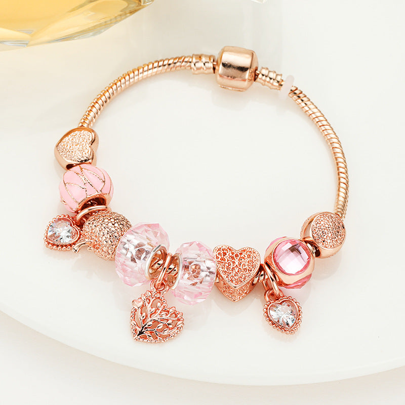 Rose Life Tree Bracelet with Stone and Pink Beads - Perfect for Any Occasion