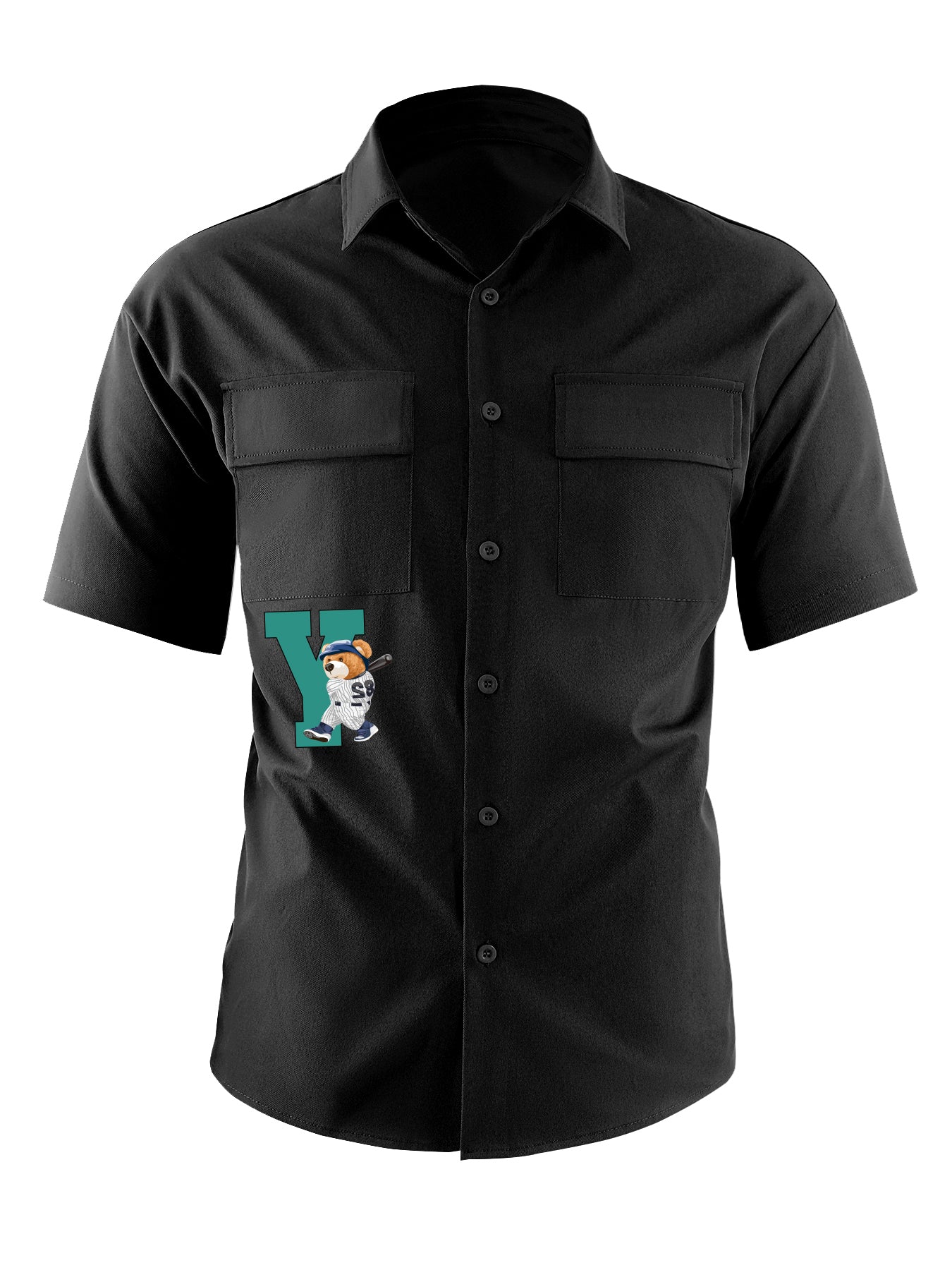 Letter & Baseball Bear Print Casual Short Sleeve Shirt with Chest Pockets